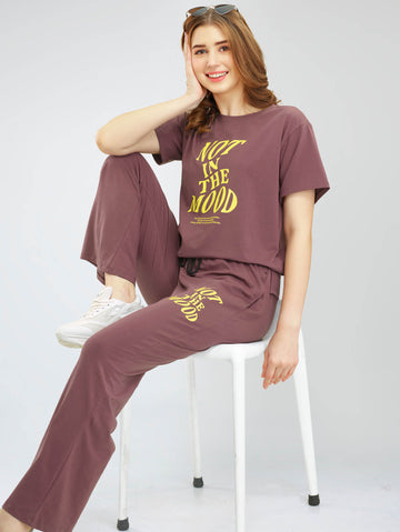 ZEYO Women's Cotton Brown Typography Wide Bottom Night Suit Set of Top & Pyjama