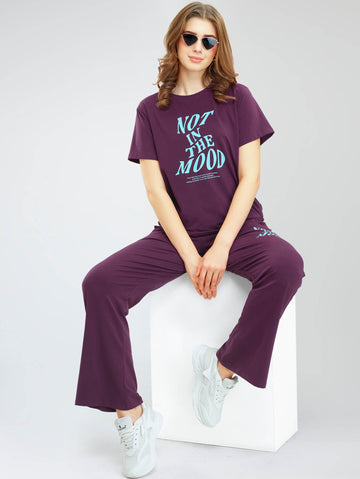 ZEYO Women's Cotton Wine Berry Typography Wide Bottom Night Suit Set of Top & Pyjama