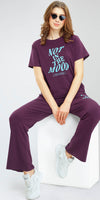 ZEYO Women's Cotton Wine Berry Typography Wide Bottom Night Suit Set of Top & Pyjama