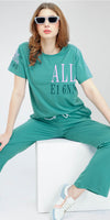 ZEYO Women's Cotton Green Typography Wide Bottom Night Suit Set of Top & Pyjama