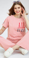 ZEYO Women's Cotton Peach Typography Wide Bottom Night Suit Set of Top & Pyjama