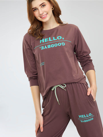 ZEYO Women's Cotton Brown Typography Printed Night Suit Set of Top & Joggers