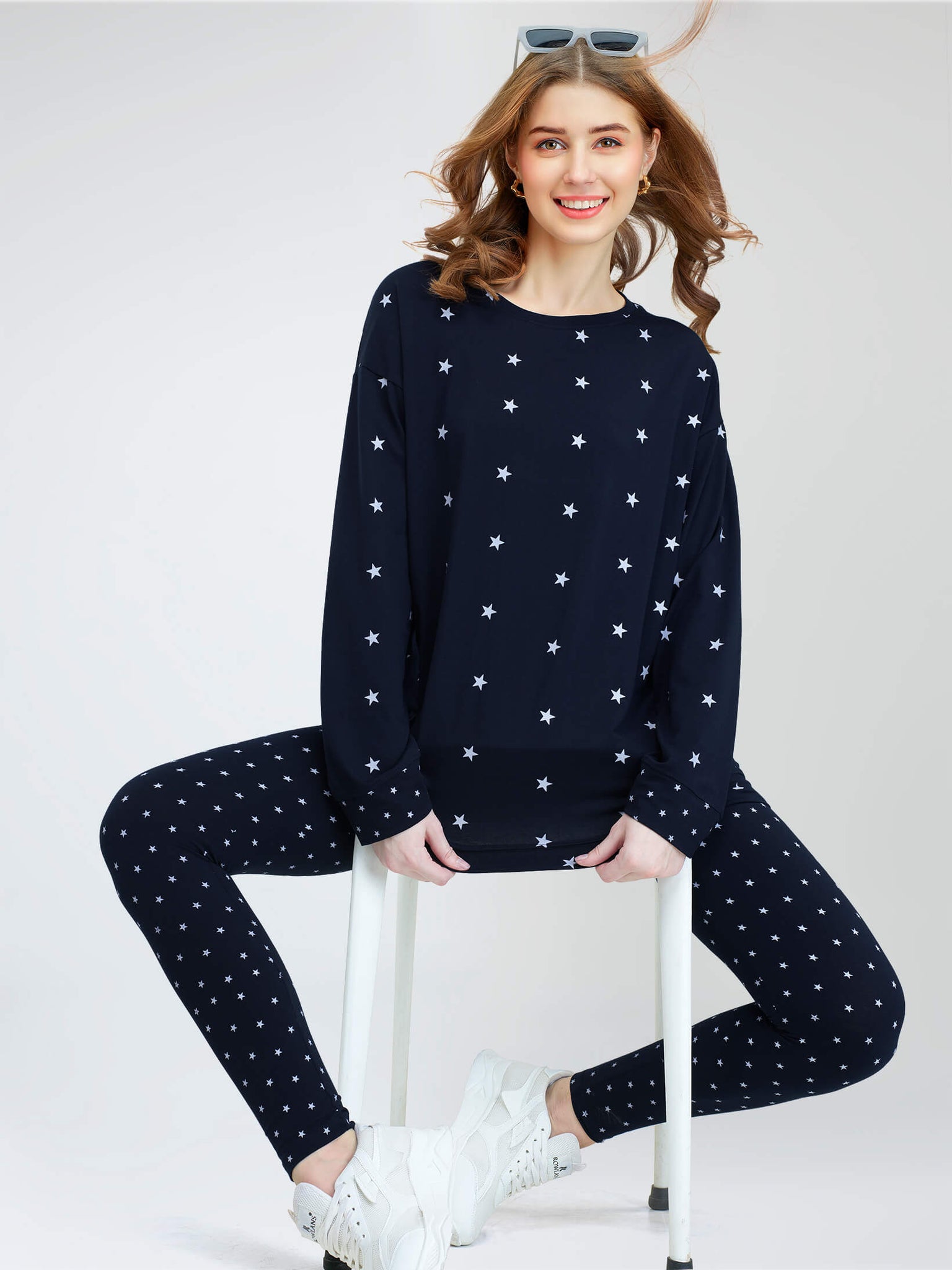 ZEYO Women's Cotton Navy Blue Star Printed Night Suit Set of Long Top & Leggings