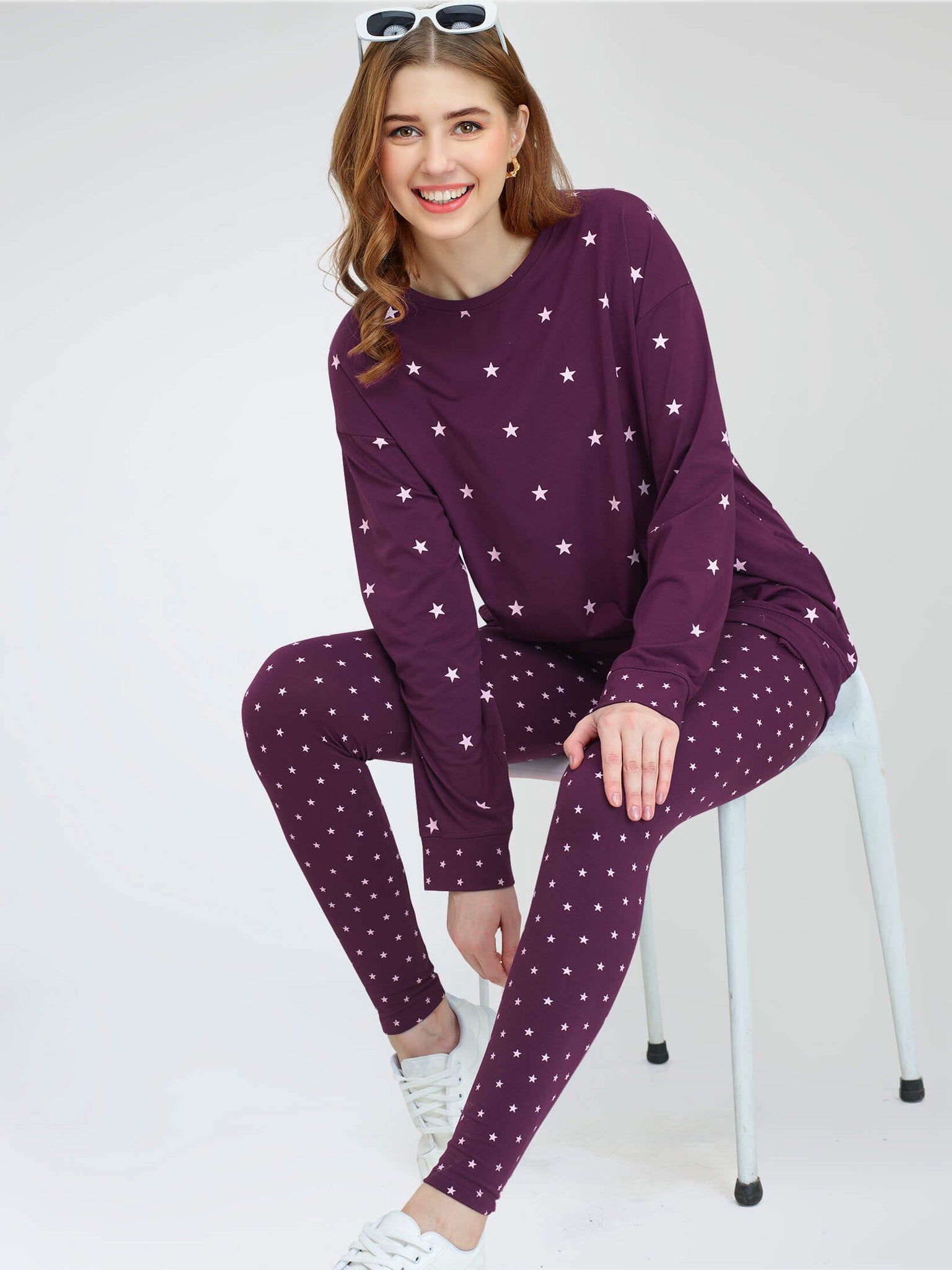 ZEYO Women's Cotton Purple Star Printed Night Suit Set of Long Top & Leggings