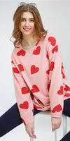 ZEYO Women's Cotton Pink Heart Printed Night Suit Set of Long Top & Leggings