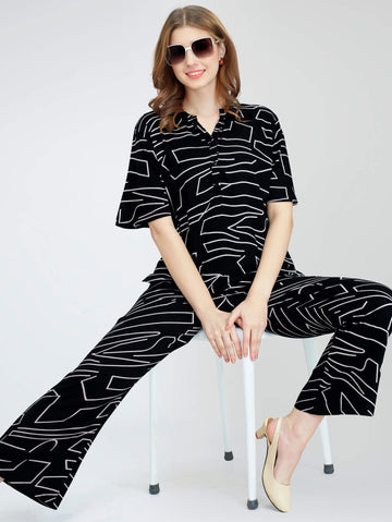 ZEYO Women's Rayon Black Printed Night Suit Set of Top & Pyjama