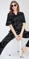 ZEYO Women's Rayon Black Printed Night Suit Set of Top & Pyjama