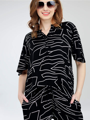 ZEYO Women's Rayon Black Printed Night Suit Set of Top & Pyjama