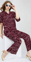 ZEYO Women's Rayon Maroon Printed Night Suit Set of Top & Pyjama
