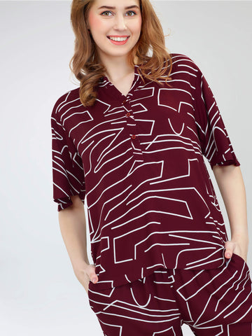 ZEYO Women's Rayon Maroon Printed Night Suit Set of Top & Pyjama