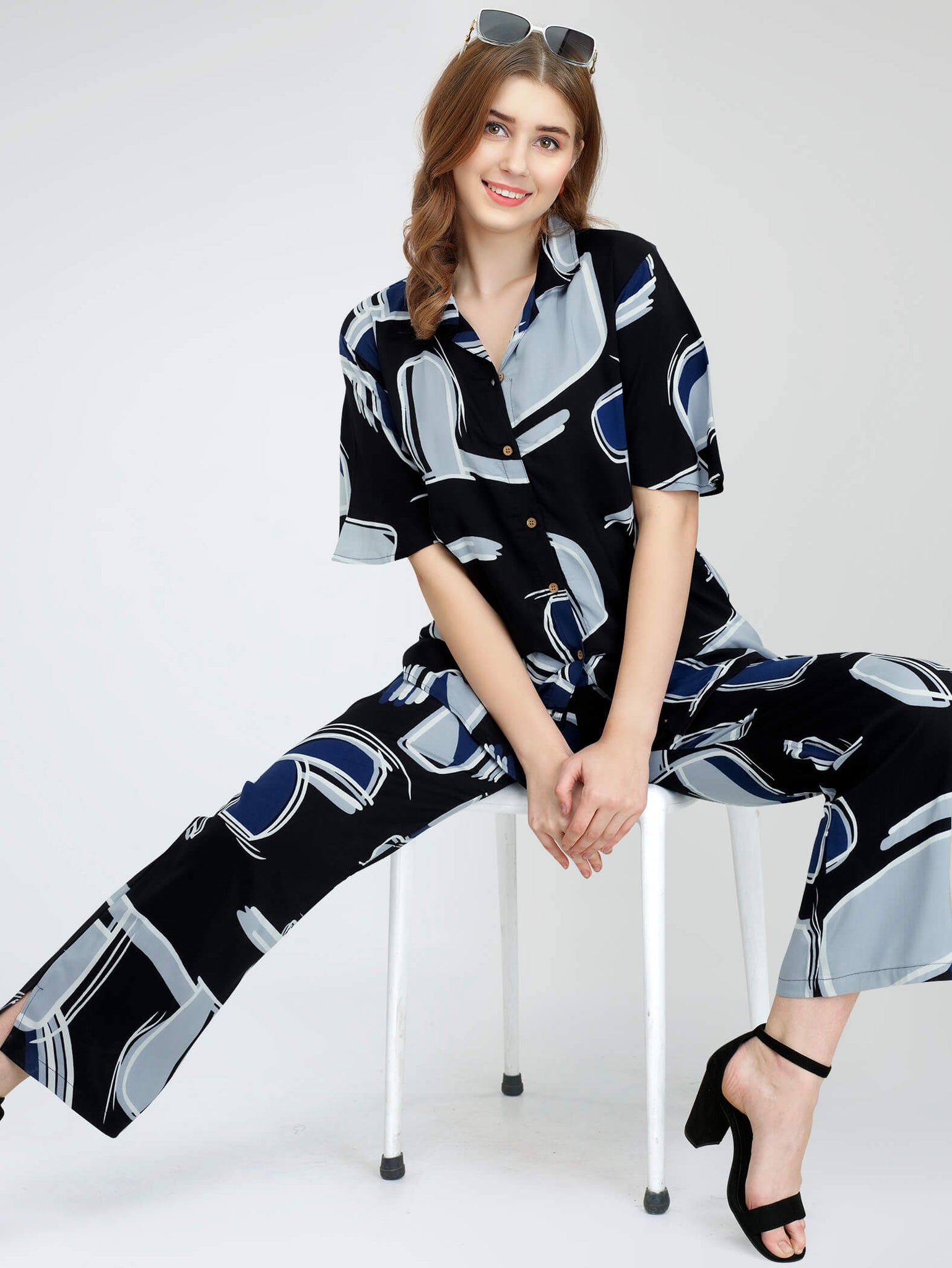 ZEYO Women's Rayon Blue Printed Night Suit Set of Shirt & Pyjama