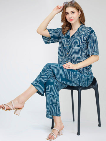 ZEYO Women's Rayon Sky Blue Printed Night Suit Set of Shirt & Pyjama