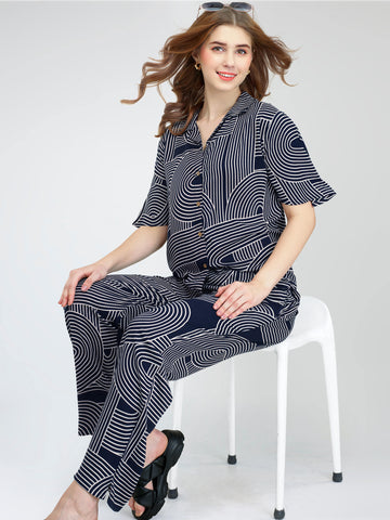 ZEYO Women's Rayon Navy Blue Printed Night Suit Set of Shirt & Pyjama