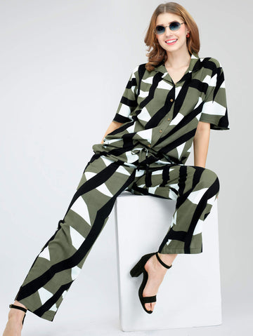 ZEYO Women's Rayon Green Printed Night Suit Set of Shirt & Pyjama