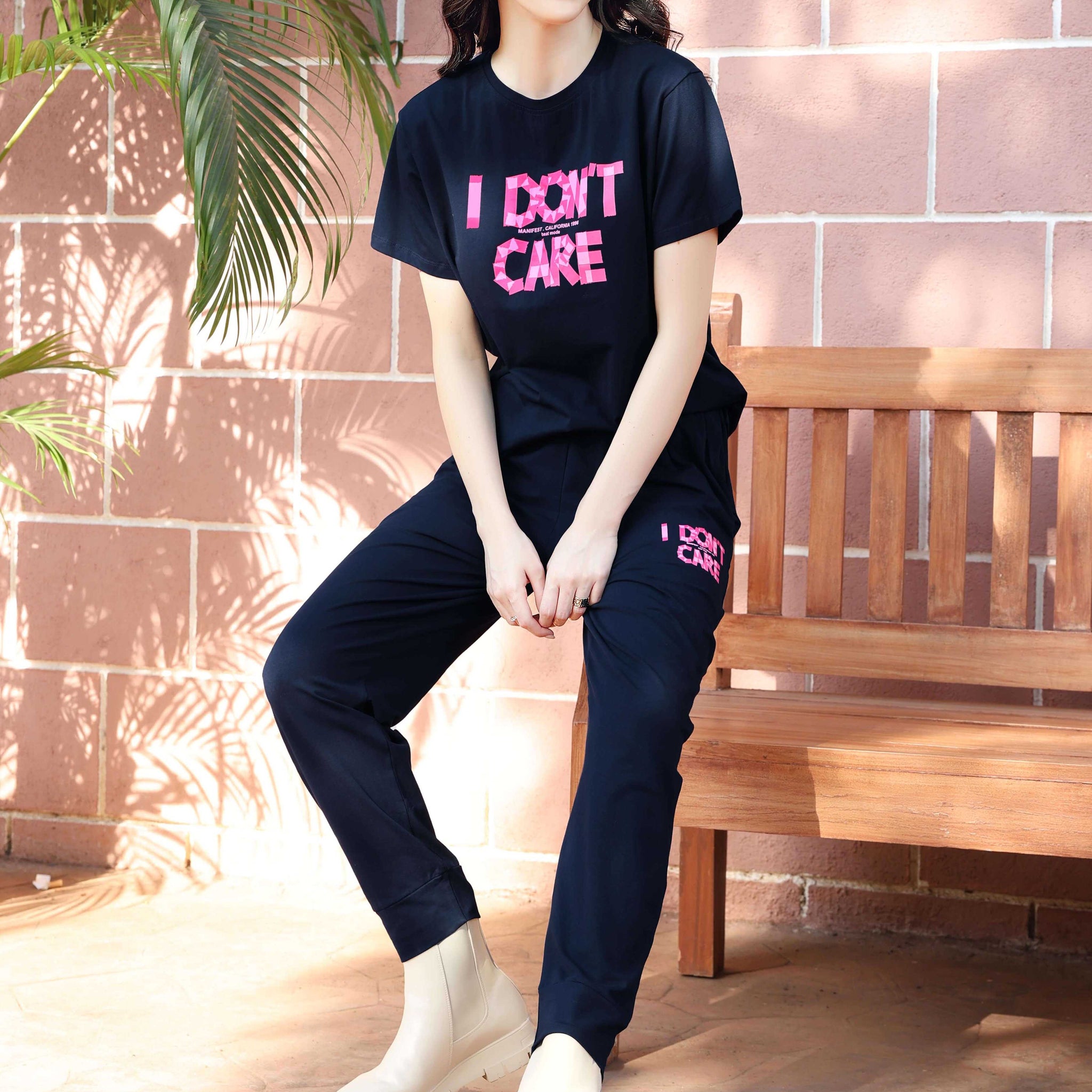 ZEYO Co-ords set for Women's Navy Blue Typography Printed Cotton of Top and Joggers