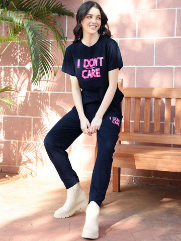 ZEYO Co-ords set for Women's Navy Blue Typography Printed Cotton of Top and Joggers