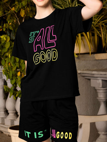 ZEYO Night Suit for Women's Black Typography Printed Cotton Night Dress of Top and Shorts