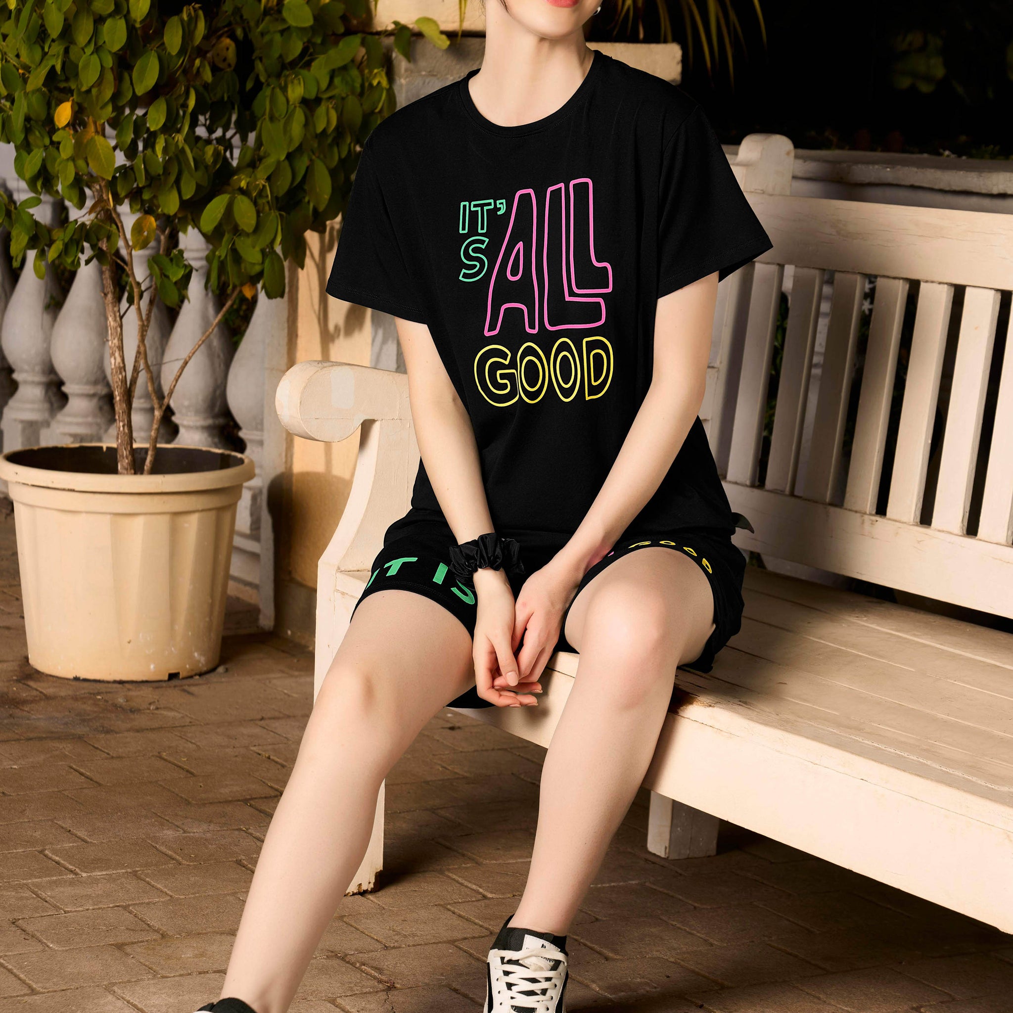 ZEYO Night Suit for Women's Black Typography Printed Cotton Night Dress of Top and Shorts
