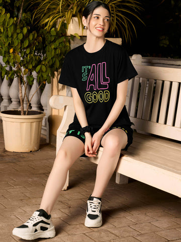 ZEYO Night Suit for Women's Black Typography Printed Cotton Night Dress of Top and Shorts