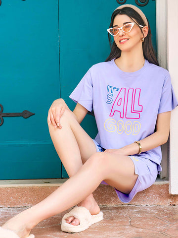 ZEYO Night Suit for Women's Lavender Typography Printed Cotton Night Dress of Top and Shorts