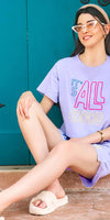 ZEYO Night Suit for Women's Lavender Typography Printed Cotton Night Dress of Top and Shorts