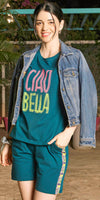 ZEYO Night Suit for Women's Teal Green Typography Printed Cotton Night Dress of Top and Shorts
