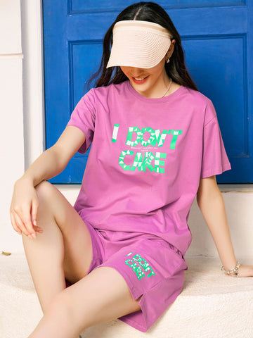 ZEYO Night Suit for Women's Pink Typography Printed Cotton Night Dress of Top and Shorts