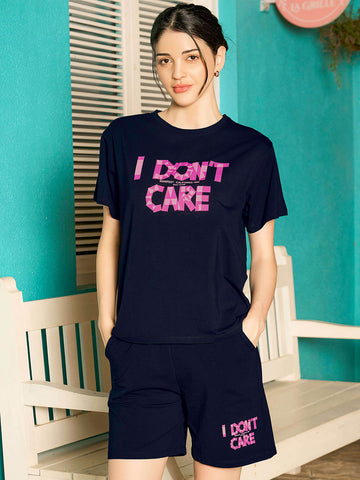 ZEYO Night Suit for Women's Navy Blue Typography Printed Cotton Night Dress of Top and Shorts