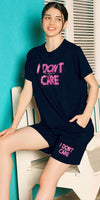 ZEYO Night Suit for Women's Navy Blue Typography Printed Cotton Night Dress of Top and Shorts