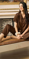 ZEYO Night suit for Women's Brown Solid Satin Night Dress of Shirt and Pajama Set