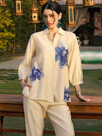 ZEYO Night Suit for Women's Beige Floral Printed Viscos Night Dress of Shirt and Pajama Set