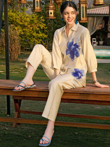 ZEYO Night Suit for Women's Beige Floral Printed Viscos Night Dress of Shirt and Pajama Set