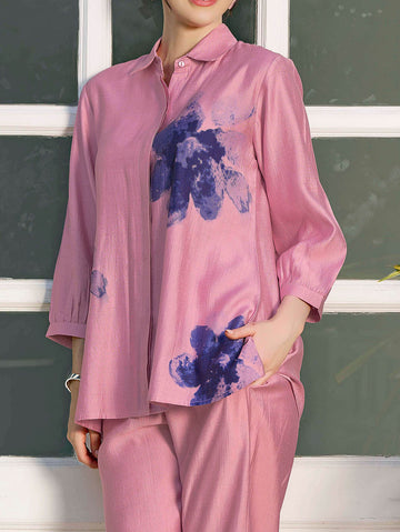 ZEYO Night Suit for Women's Pink Floral Printed Viscos Night Dress of Shirt and Pajama Set