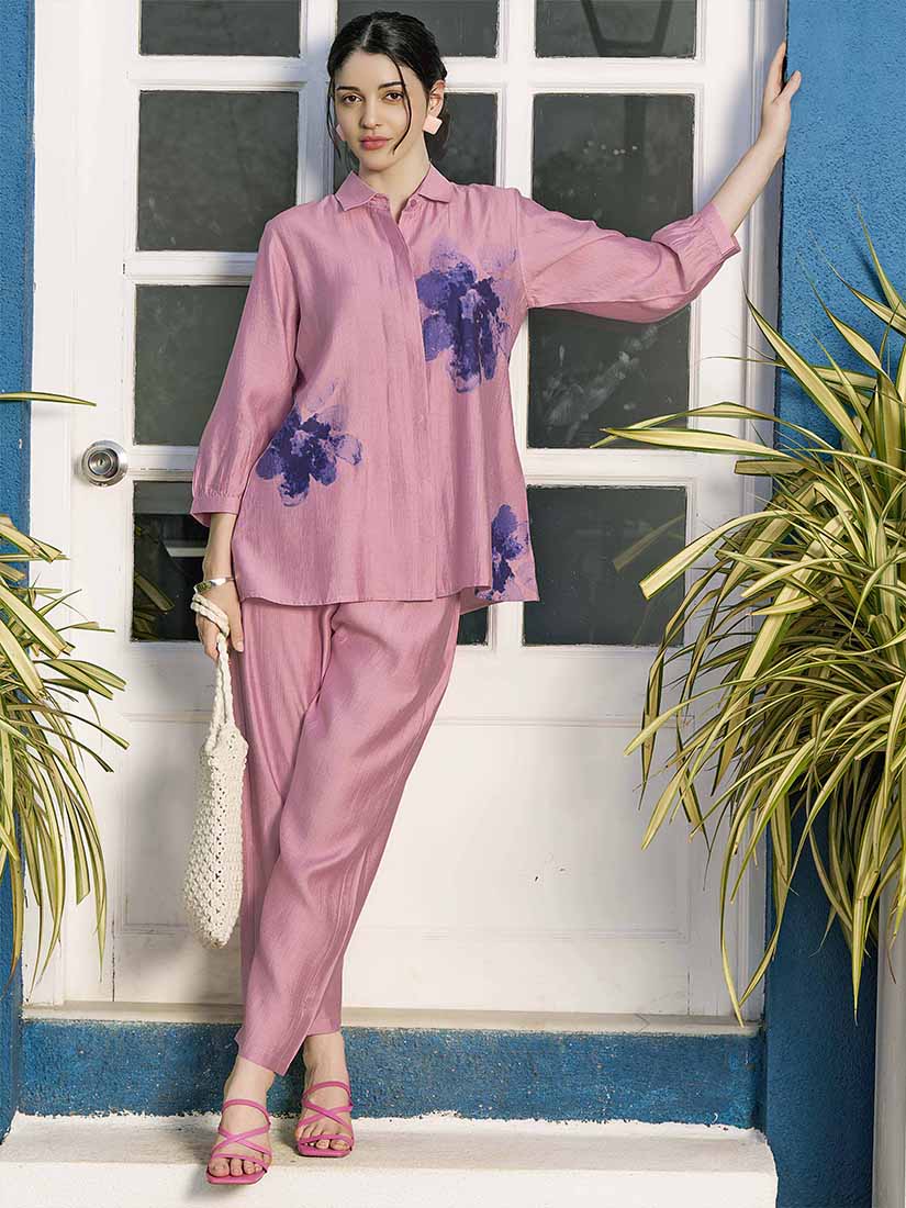 ZEYO Night Suit for Women's Pink Floral Printed Viscos Night Dress of Shirt and Pajama Set