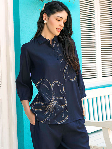 ZEYO Night Suit for Women's Navy Blue Floral Printed Viscos Night Dress of Shirt and Pajama Set