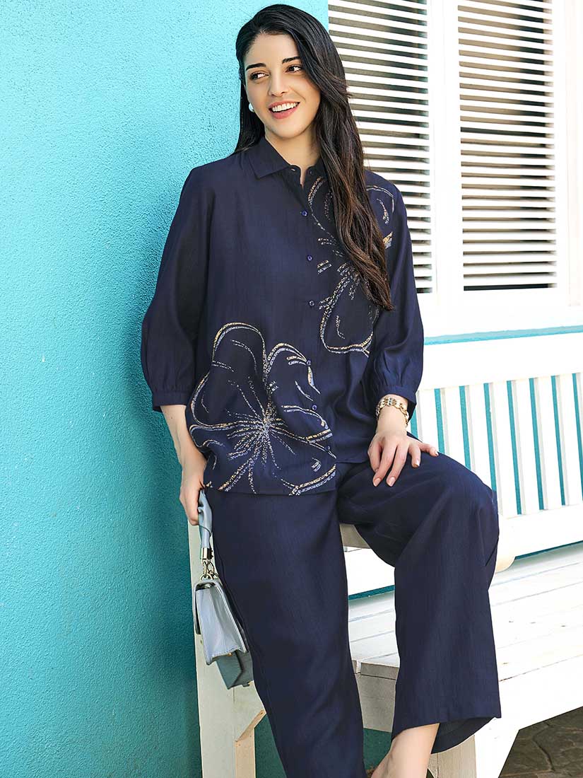 ZEYO Night Suit for Women's Navy Blue Floral Printed Viscos Night Dress of Shirt and Pajama Set