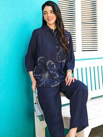 ZEYO Night Suit for Women's Navy Blue Floral Printed Viscos Night Dress of Shirt and Pajama Set