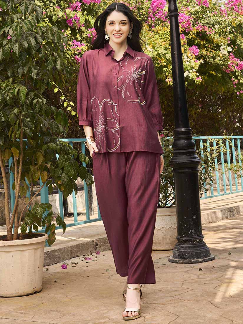 ZEYO Night Suit for Women's Purple Floral Printed Viscos Night Dress of Shirt and Pajama Set