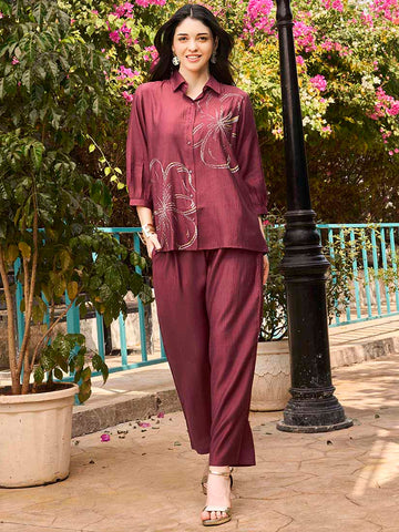 ZEYO Night Suit for Women's Purple Floral Printed Viscos Night Dress of Shirt and Pajama Set