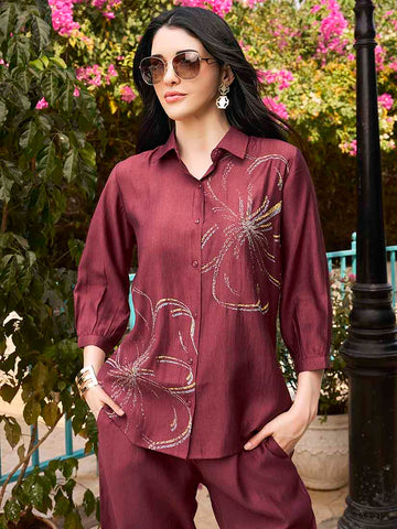 ZEYO Night Suit for Women's Purple Floral Printed Viscos Night Dress of Shirt and Pajama Set