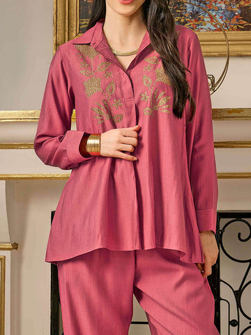ZEYO Night Suit for Women's Pink Floral Printed Viscos Night Dress of Kurti and Pajama Set