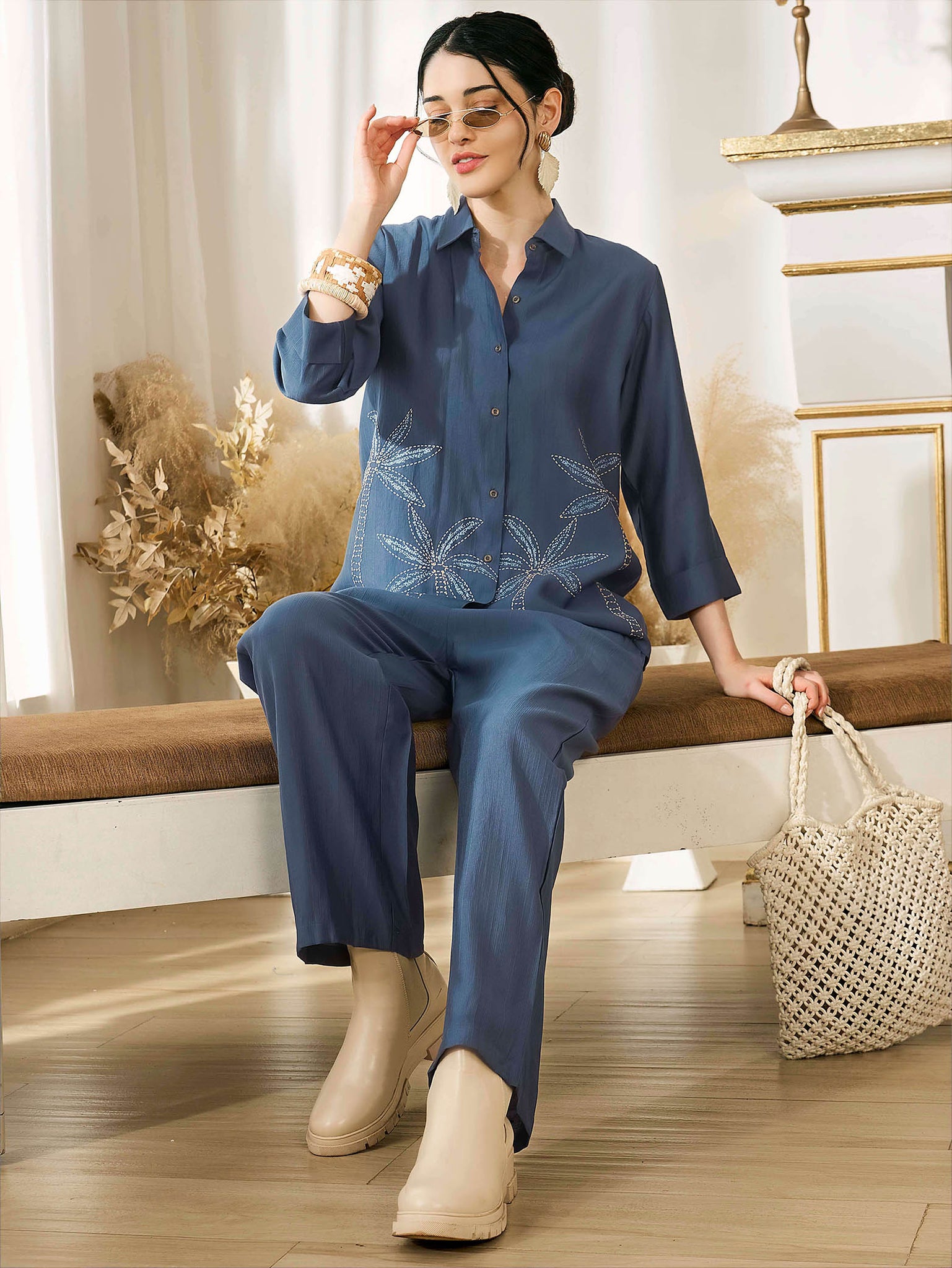 ZEYO Night Suit for Women's Blue Coconut Tree Printed Viscos Night Dress of Shirt and Pajama Set