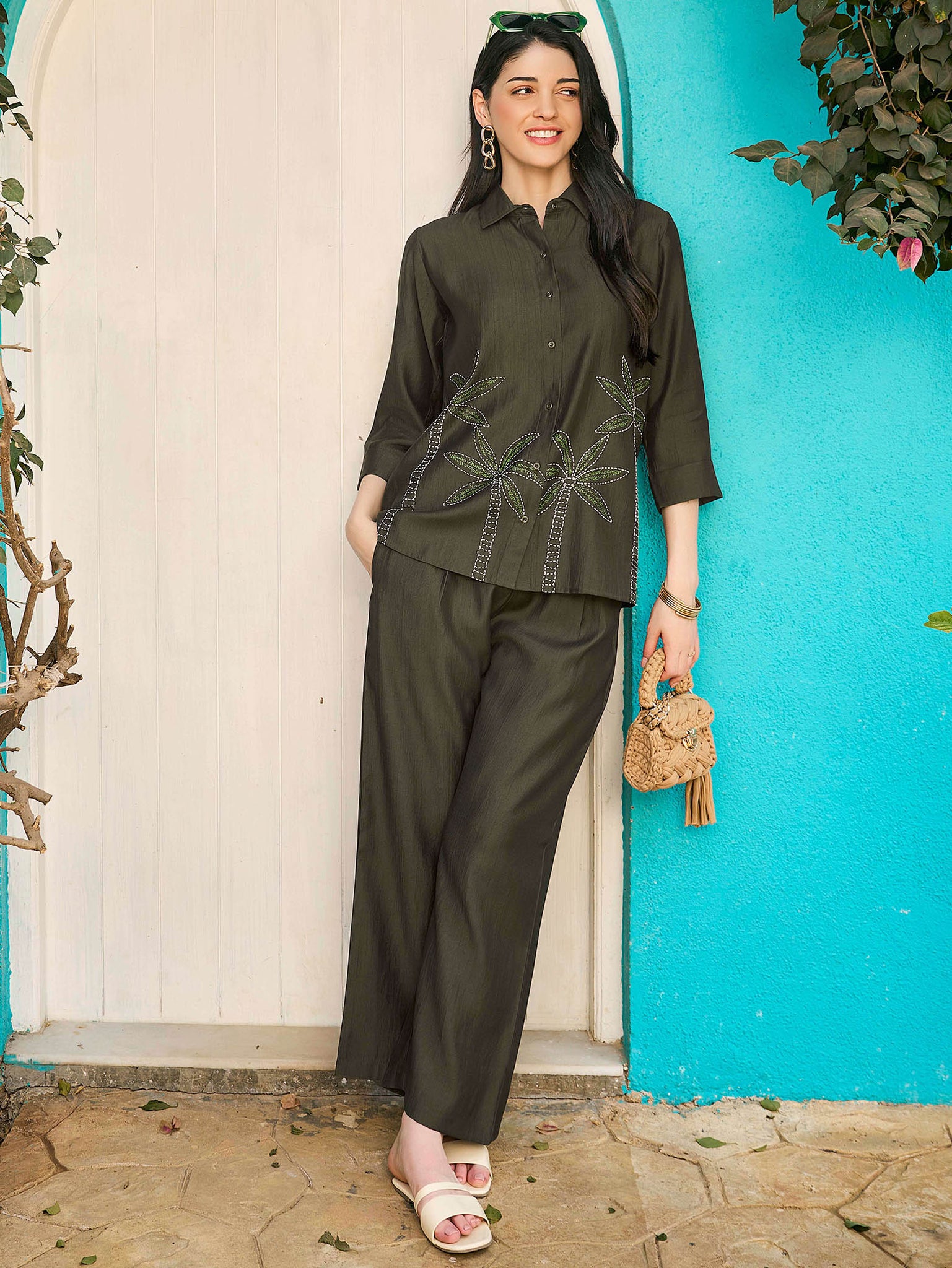 ZEYO Night Suit for Women's Olive Green Coconut Tree Printed Viscos Night Dress of Shirt and Pajama Set