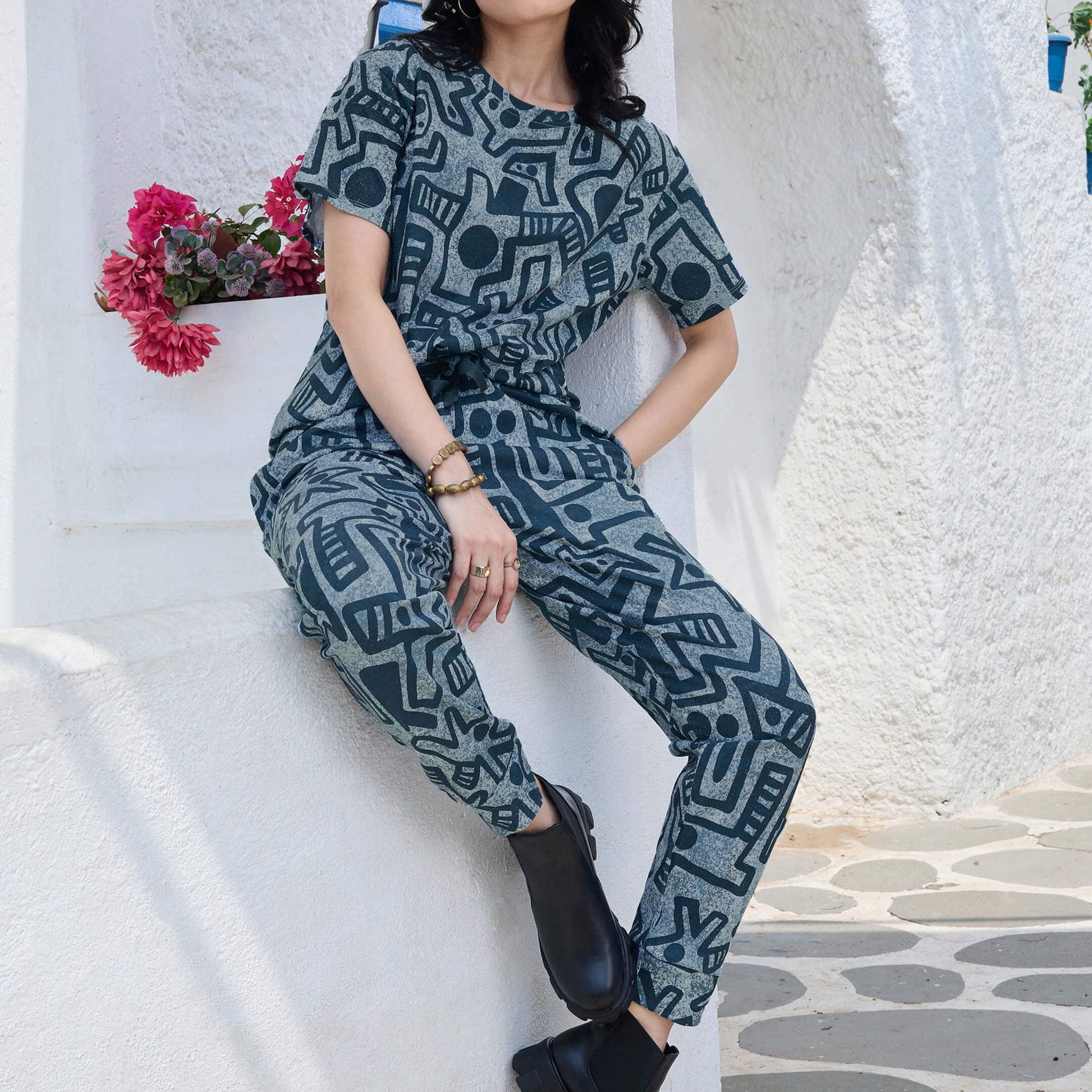 ZEYO Night Suit for Women's Green Geometric Printed Cotton Night Dress of Top and Pajama set