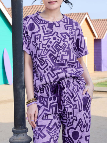 ZEYO Night Suit for Women's Purple Geometric Printed Cotton Night Dress of Top and Pajama set