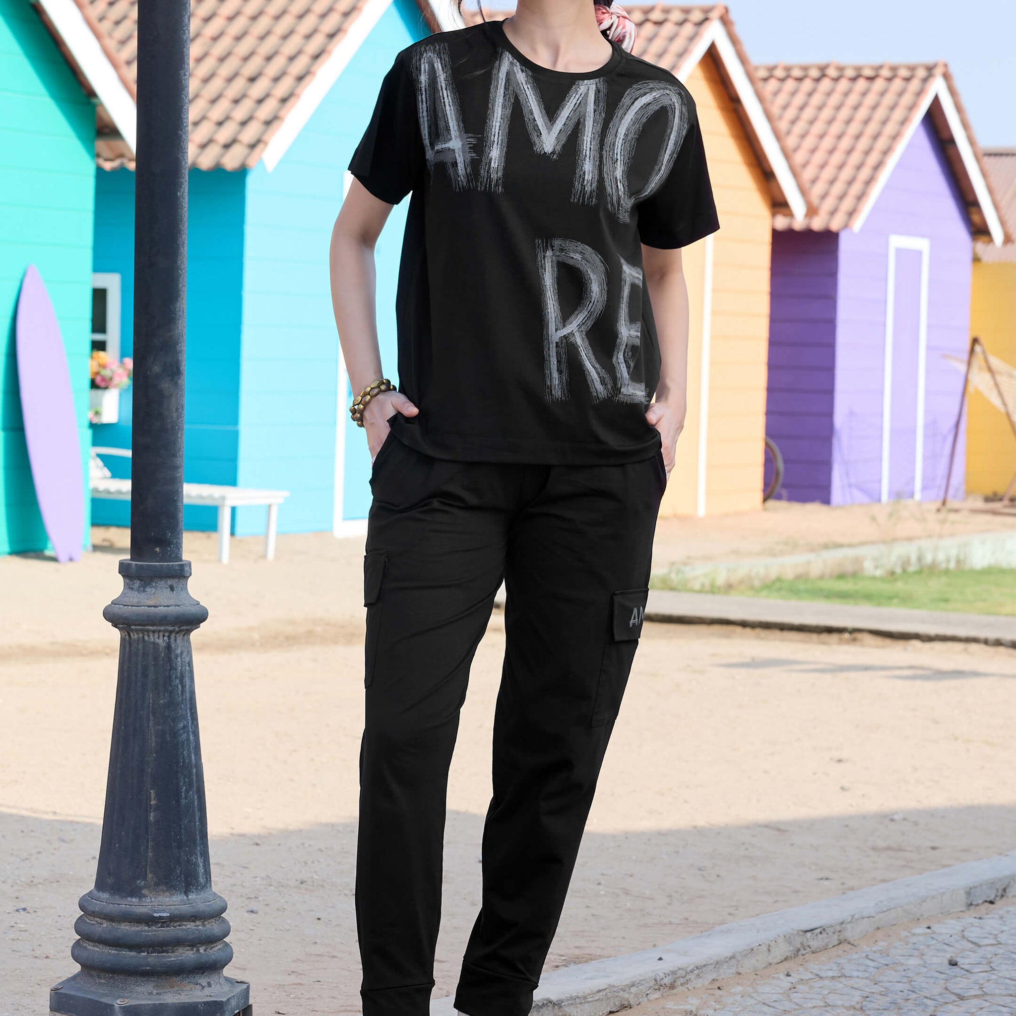 ZEYO Co-Ords Set for Women's Black Typography Printed Cotton Night Dress of Top and Cargo set