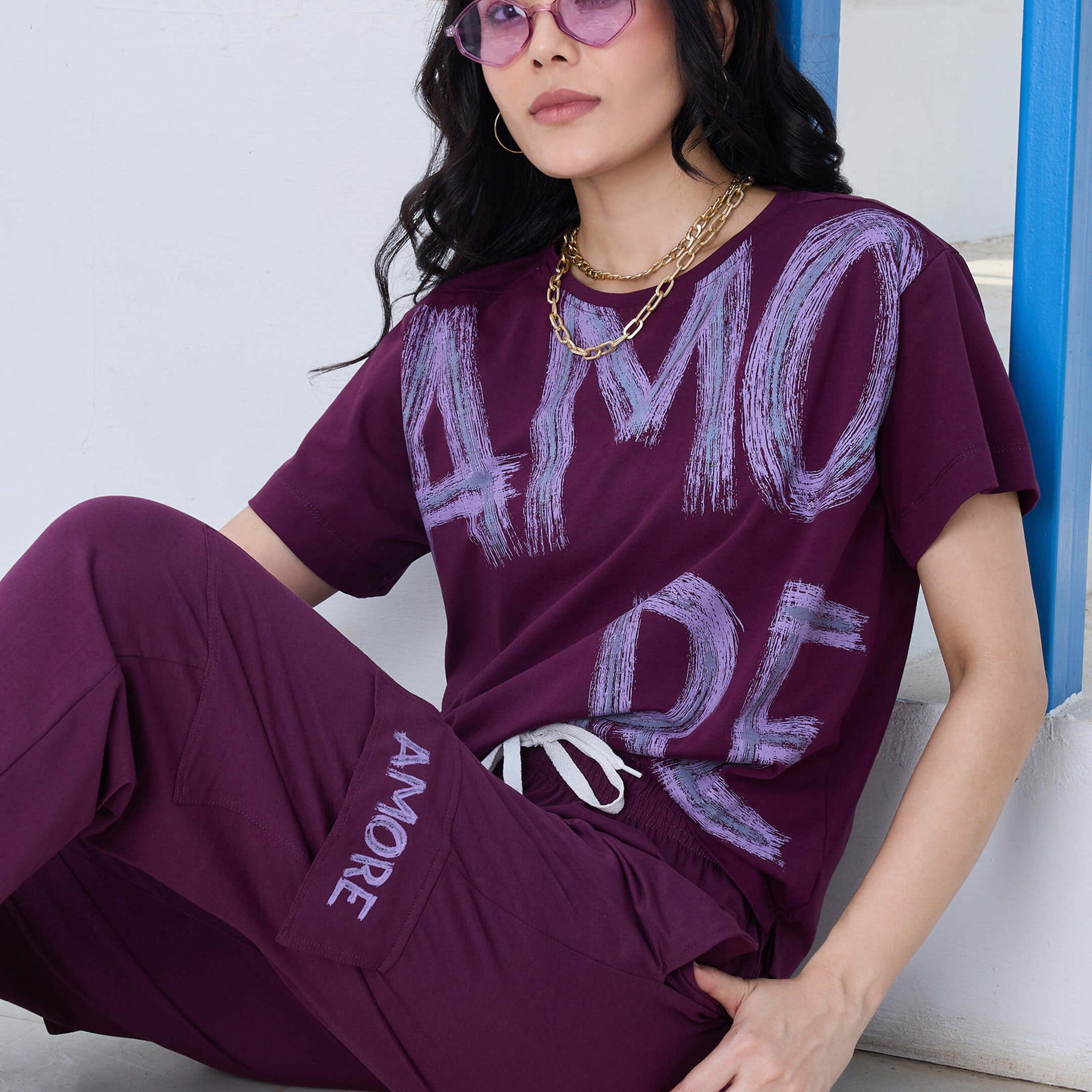 ZEYO Co-Ords Set for Women's Purple Typography Printed Cotton Night Dress of Top and Cargo set