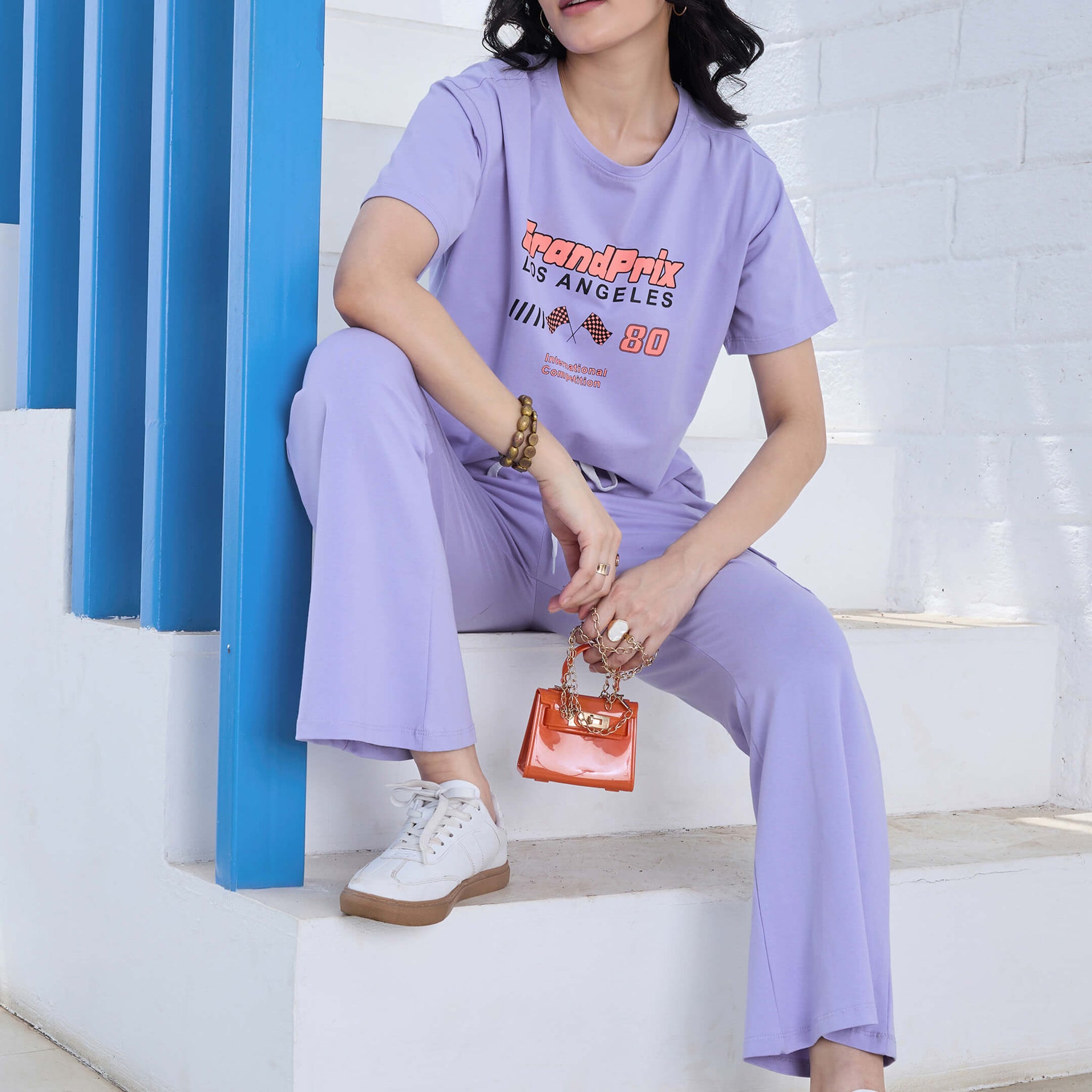 ZEYO Co-Ords Set for Women's Lavender Typography Printed Cotton Night Dress of Top and Cargo set