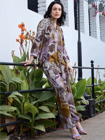 ZEYO Co-Ords set for Womens Rayon Yellow Floral Printed Kurti & Pyjama