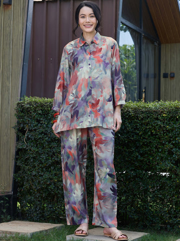 ZEYO Co-Ords set for Womens Rayon Pink Floral Printed Shirt & Pyjama
